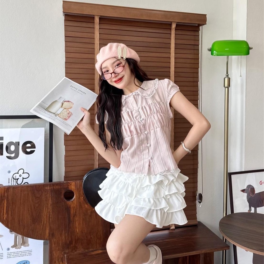 KN.Clothes เสื้อคอบัวแต่งลูกไม้ แขนกลีบบัว สม็อคหน้าอก รูปที่ 7