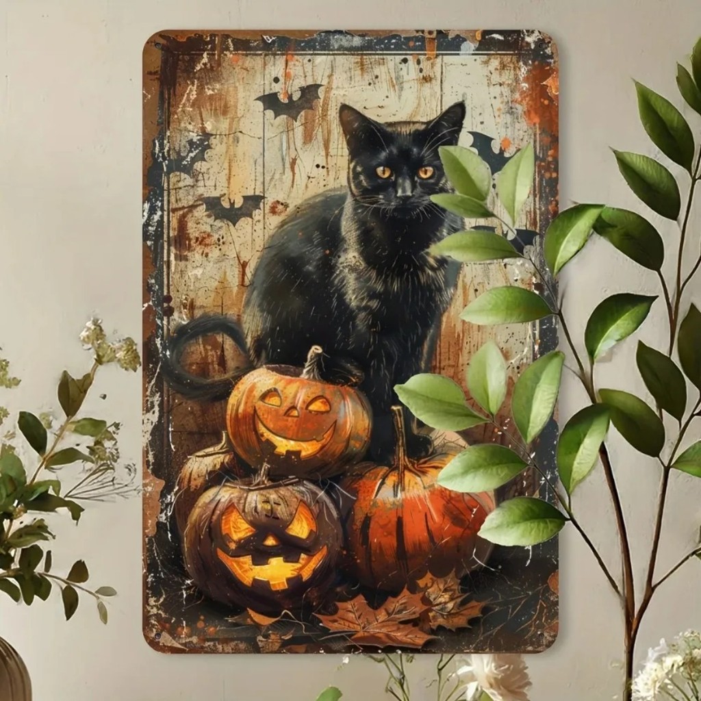 2D Vintage Pumpkin Cat Harvest Sign - Retro Jack O โคมไฟนูนตกแต่งสําหรับ Spooky Home, Witchy Cafe & 