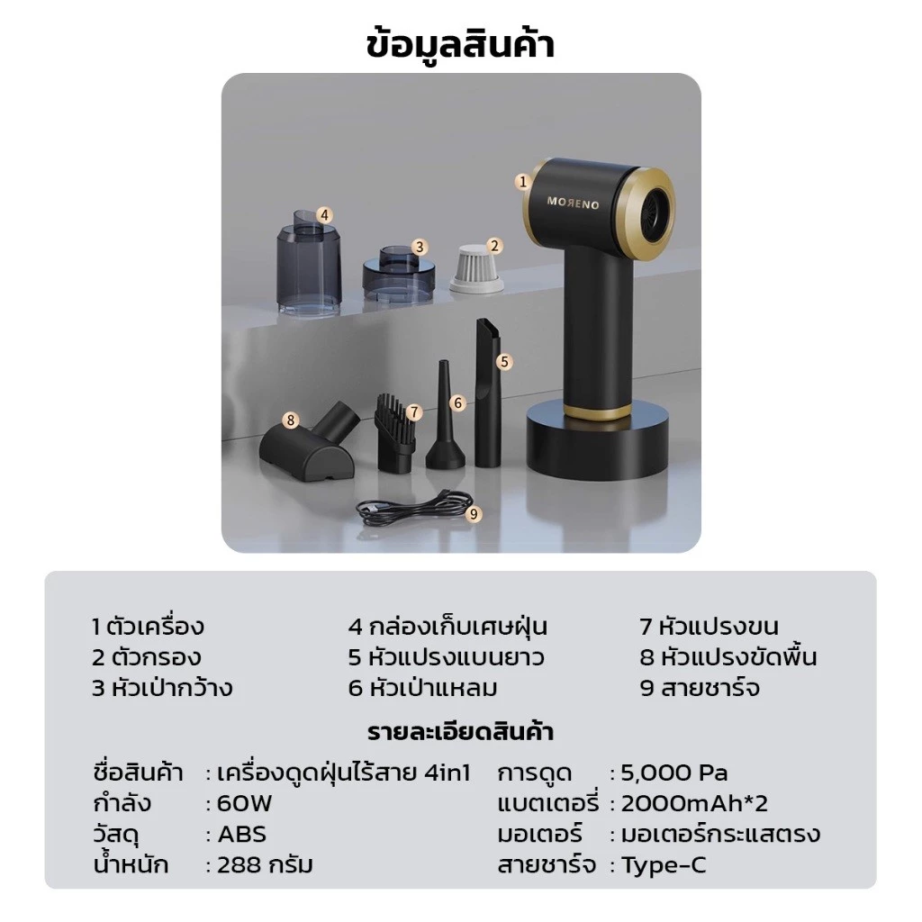 MORENO เครื่องดูดฝุ่น 4in1 ไร้สาย Moreno แบบพกพา น้ำหนักเบา แรงดูดสูง ใช้บนรถยนต์ได้ thumbnail 10