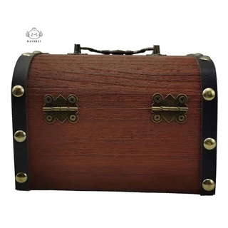{maybest} 1 ชุด Vintage Treasure กล่องเก็บไม้หีบสมบัติพร้อมล็อค Piggy Bank Organizer กล่องประหยัดสําหรับตกแต่งบ้าน {TH}