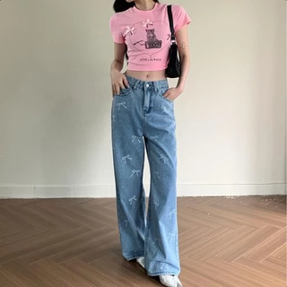 S-6XL กางเกงยีนส์สีดำเอวสูงสำหรับผู้หญิงในช่วงฤดูร้อน กางเกงขายาวทรงสกินนี่ทรงตรงพิมพ์ลายผีเสื้อ