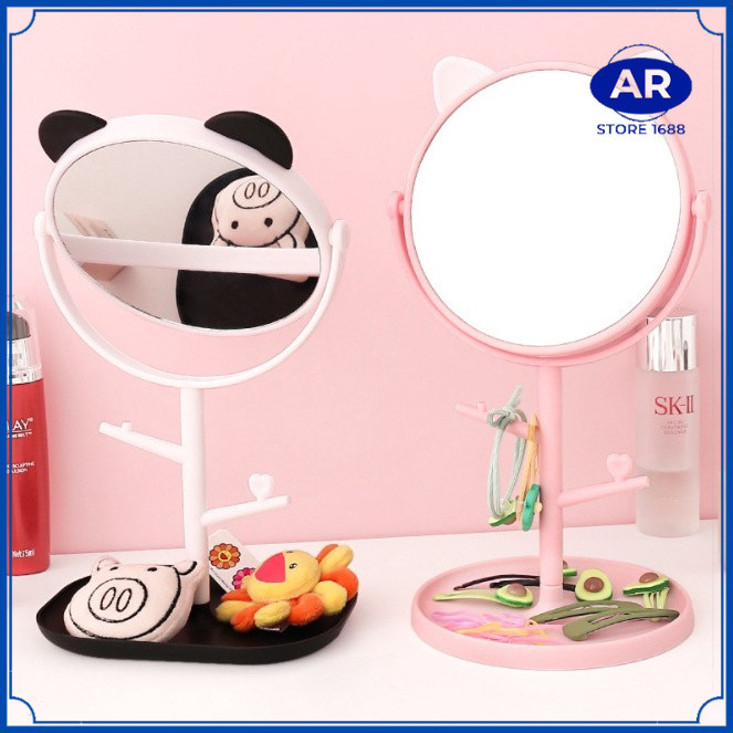 AR WHOLESALE Standing Mirror Make Up Mirror Panda Cat Ear Motif Round Make Up Mirror / Cute Make Up 