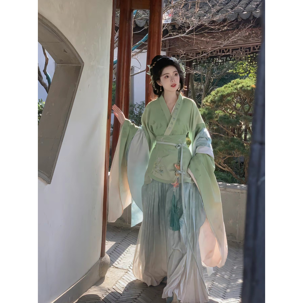 สไตล์ใหม่ Hanfu North South Dynasty Big Sleeve Original One Piece เอวยาวกระโปรงจีบบรรยากาศทุกวันฤดูใ