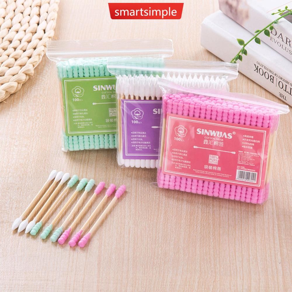 SMARTSIMPLE 100pcs Pack Double Head Cotton Swab ผู้หญิงแต่งหน้า Cotton Buds Tip สําหรับทางการแพทย์ไม