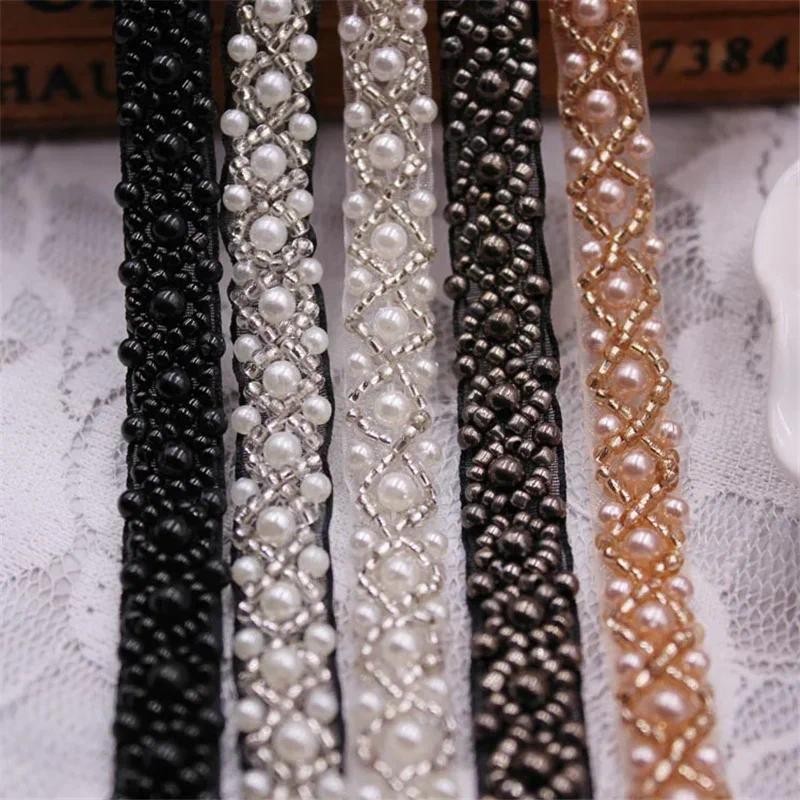 1 หลา/Lot Pearl Seed ลูกปัด Trims ลูกไม้ริบบิ้นเสื้อผ้า Fringe สําหรับผ้าม่านชุดแต่งงานปกแขนแอฟริกันลูกไม้ผ้าสําหรับเย็บเสื้อผ้า Applique ริบบิ้นสําหรับเย็บปักถักร้อย
