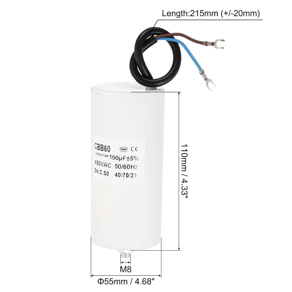 PATIKIL 100uf CBB60 Run Capacitor,AC 450V U Terminal Wires 50/60Hz ก้นกระบอกพร้อมสกรู M8 สําหรับเครื