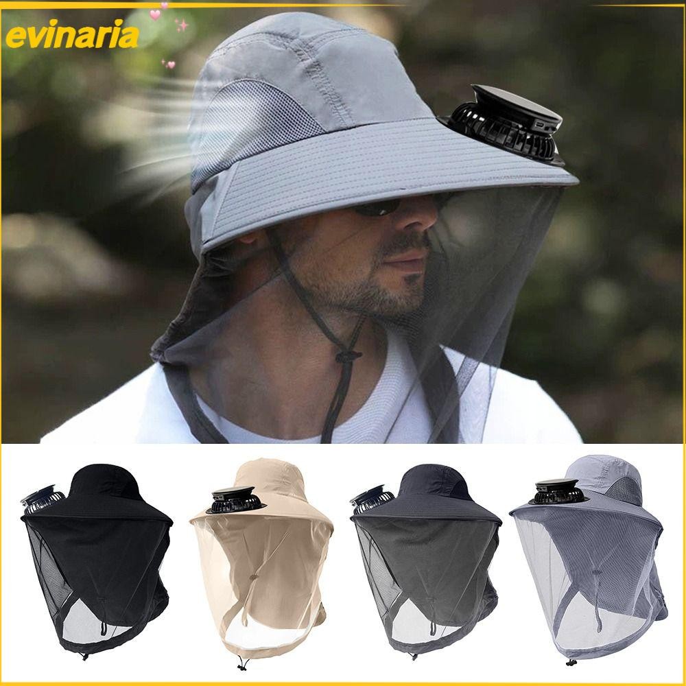 EVINARIA หมวกพัดลมปีกกว้าง ชาร์จUSB กันยุงและกันUV สำหรับฤดูร้อน