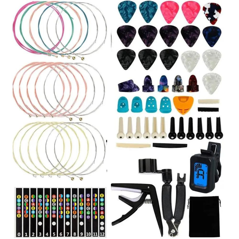 ชุดเครื่องมือกีตาร์ 48–66 ชิ้น พร้อมคาโป้ ปิ๊ก สายกีตาร์ และอุปกรณ์เปลี่ยนสายครบชุด