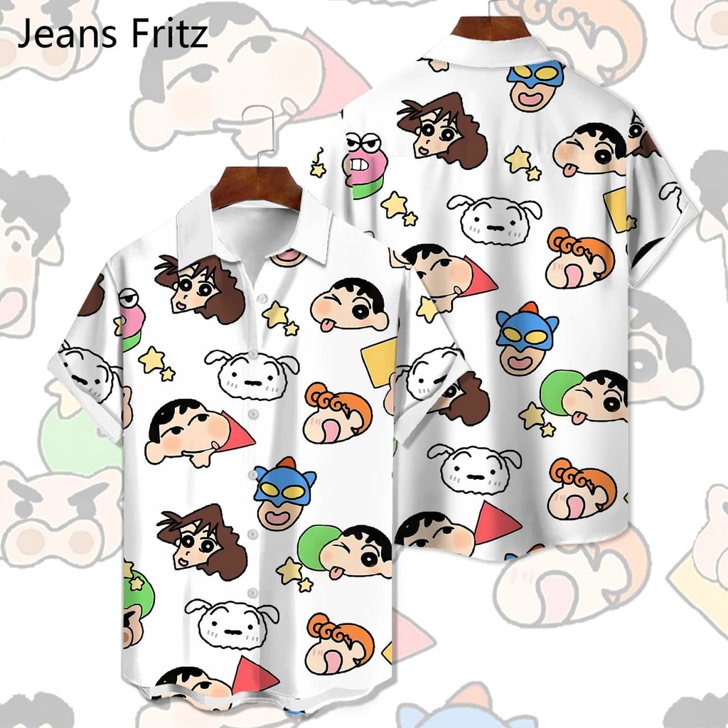 เสื้อเชิ้ตแขนสั้นผู้ชาย ลายการ์ตูนชินจังและหมีพูห์ดีไซน์ใหม่ สไตล์ฮาวายสำหรับวันหยุดหรือสวมใส่ในชีวิตประจำวัน