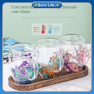 300LML Preserved Flower Double Layer Glass Cup Couple Cold Drink Cup Real Flower Coffee Cup