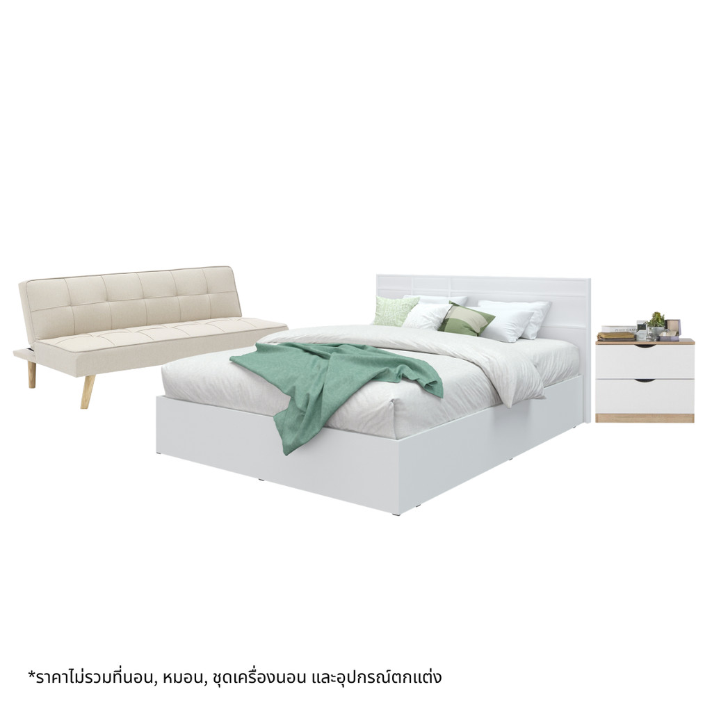 Koncept Furniture ชุดห้องนอนขนาด 5 ฟุต รุ่น Hamako สีขาว พร้อมโซฟาเบด Lopez และ ตู้ลิ้นชัก Pody  แบร