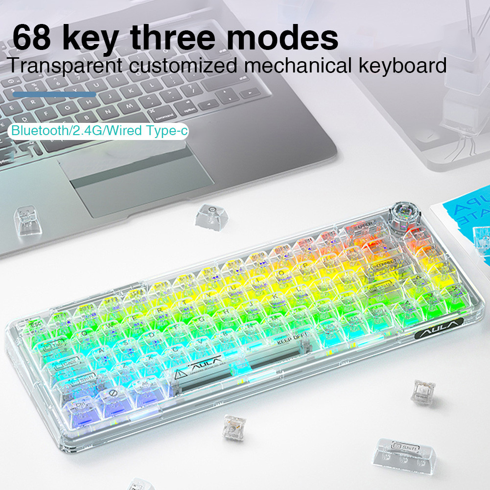 AULA F68 Three Mode Wireless Mechanical Keyboard 60% Compact Transparent RGB Backlit Bluetooth Wired