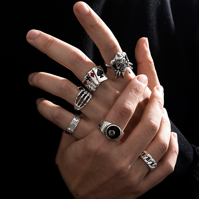 6 ชิ้น/เซ็ต Retro เงินโอ้อวด 8 หมายเลข Skull Poker Clown แหวนชุด, ผู้ชายผู้หญิงผู้ชาย Unisex บุคลิกภาพ Joint แหวนชุดอุปกรณ์เสริม
