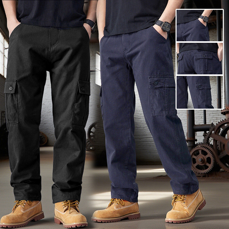 ​กางเกงขายาวสไตล์วอร์คแวร์ 6 กระเป๋า สีดำ-น้ำเงิน แบบสวมใส่สบาย​