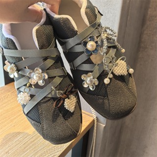 เชือกผูกรองเท้าสไตล์บัลเล่ต์ หัวโบว์ประกายเพชรคริสตัล พิมพ์ล…