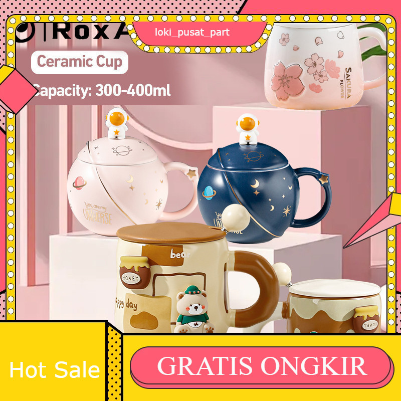 RoxArt 400ml ถ้วยกาแฟเซรามิคช้อนฝาปิดแก้วในครัวเรือนถ้วยกาแฟคู่
