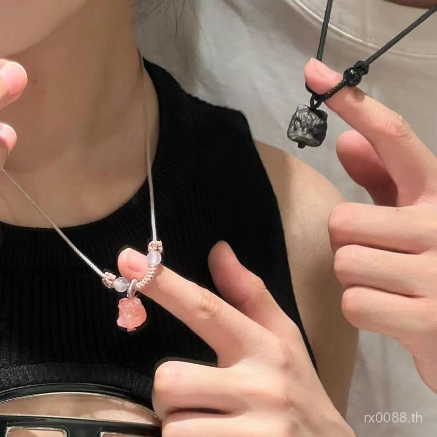 Hot Sale#Obsidian Lion Necklace Couple Pair Handmade Braided Lion Bead Pendant Birthday Gift for Boy