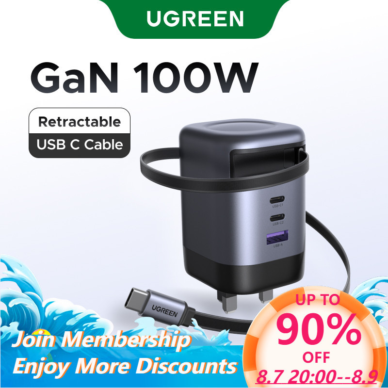 UGREEN 100W GaN 4 พอร์ตสายแบบพับเก็บได้ USB C Fast Charger สําหรับ iPhone 16 Pro Max,15,14