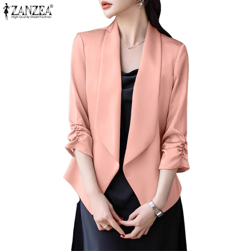 เสื้อ Blazers สำนักงานแบบทางการสำหรับผู้หญิง แขน 3/4 มีกระพุ้ง ไม่มีกระเป๋า ทำจากผ้าซาติน