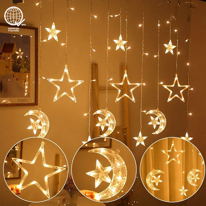 พร้อมสต็อก Lampu Raya ไฟม่าน LED Star&Moon String ไฟ 8 โหมดตกแต่งไฟ LED Camping Light 220V/ไฟคริสต์มาสพลังงานแสงอาทิตย์ไฟวันหยุดโคมไฟผ้าม่านสําหรับ Hari