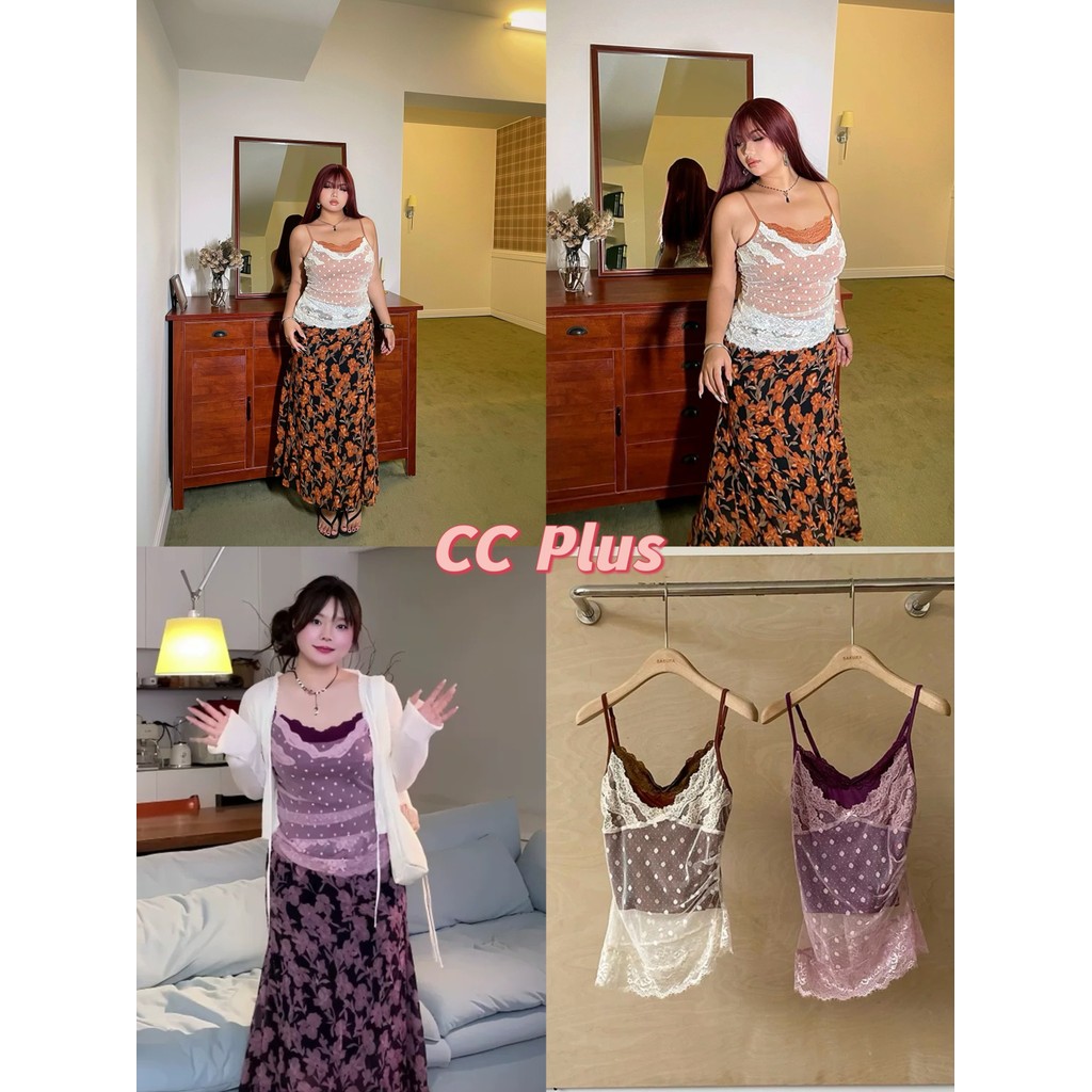 CiCi Plus+(J2172-1) เสื้อสายเดี่ยวดีเทลเย็บ 2 ชั้น  แต่งลูกไม้ แต่งเฉียงข้าง สายปรับได้ สไตล์สาวพลัสไซส์