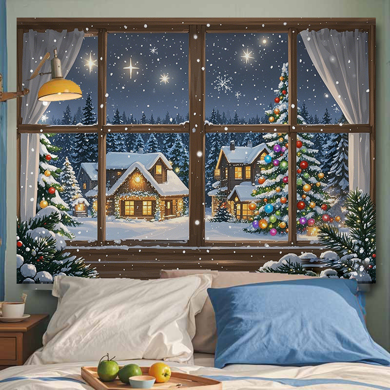 คริสต์มาสสไตล์ใหม่หน้าต่างพื้นหลังผ้าพรมห้องนอนห้องตกแต่งผนังผ้าใบวันหยุดบรรยากาศภาพวาดตกแต่ง