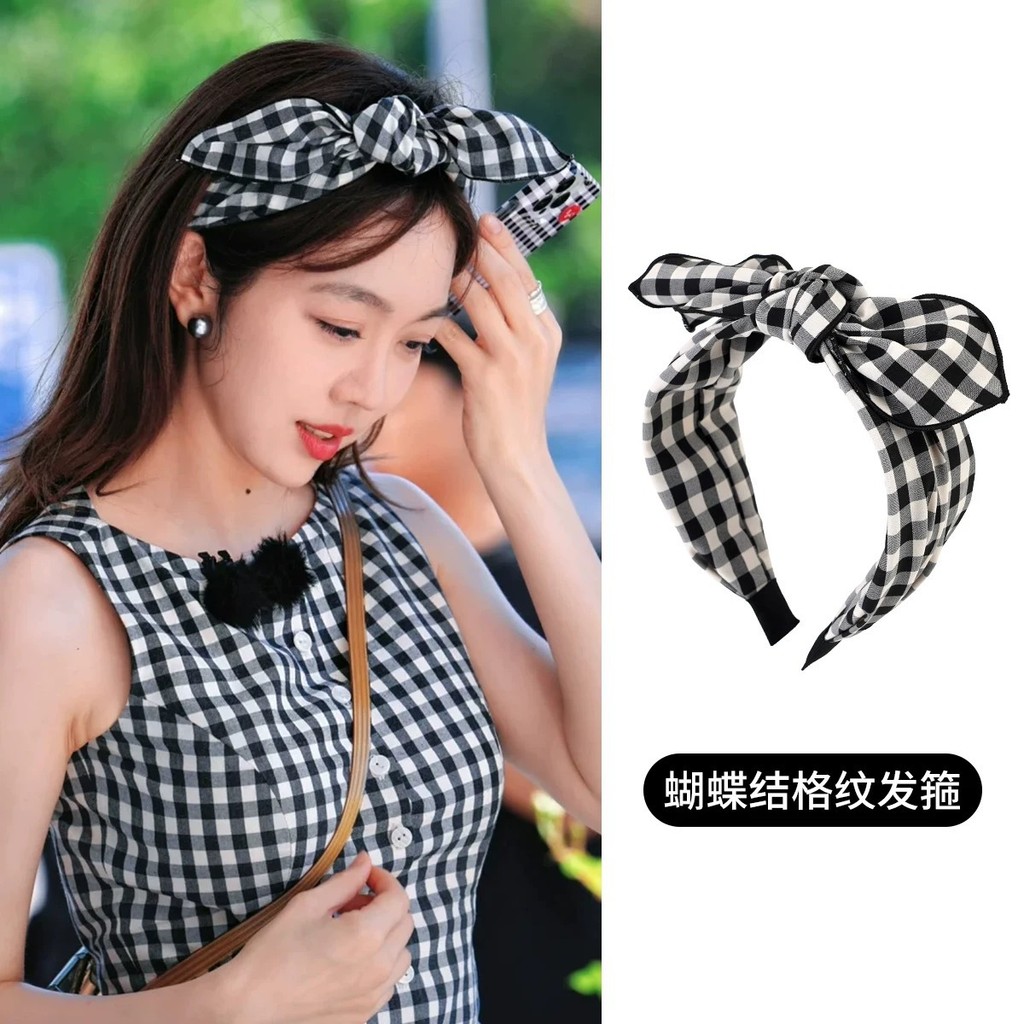 ผ้าโบว์คาดศีรษะสไตล์เกาหลี ลายสก็อต กว้าง หวาน ลดอายุ ดีไซน์หูกระต่าย