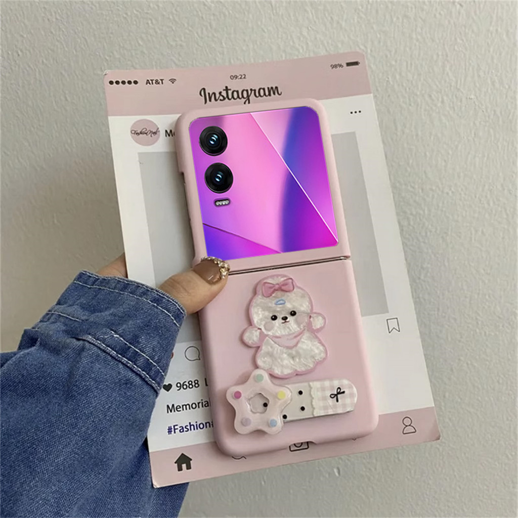 หวานเกาหลี Bow Pupppy สีชมพูเคสโทรศัพท์ Star Bracket ตะกร้าจี้สําหรับ Infinix Zero Flip Tecno Phantom V Flip2 5g ฝาครอบ