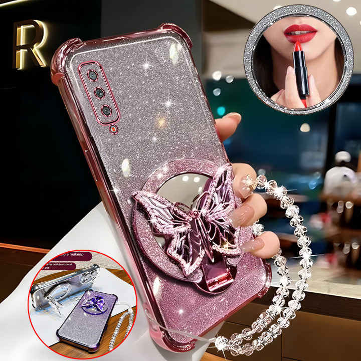 เคสสําหรับ Samsung A50 A50S A30S A70 เคสโทรศัพท์ประกายแป้งสี่มุมเปลือกนิ่มป้องกันการตกกระจกแต่งหน้าผีเสื้อ
