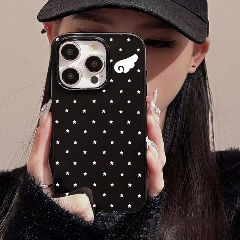 น่ารัก Star Angel Wings สีดําด้านข้างเคสโทรศัพท์สําหรับ iPhone 15 Pro 16 14 Plus 12 11 Pro Max 13 X XS XR 7 8 Plus SE2 Soft TPU กันกระแทก