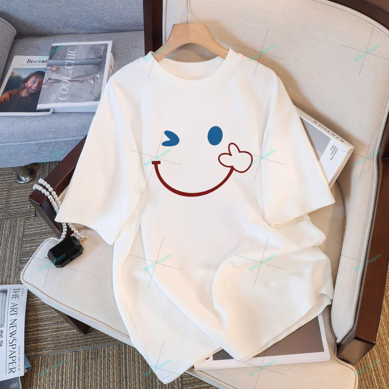 COD✅ (จัดส่งในกรุงเทพฯ) MAO Shop เสื้อยืดพิมพ์ลายหน้ายิ้มการ์ตูนผ้าฝ้ายที่เรียบง่าย oversize เสื้อยืด S-3XL #54328