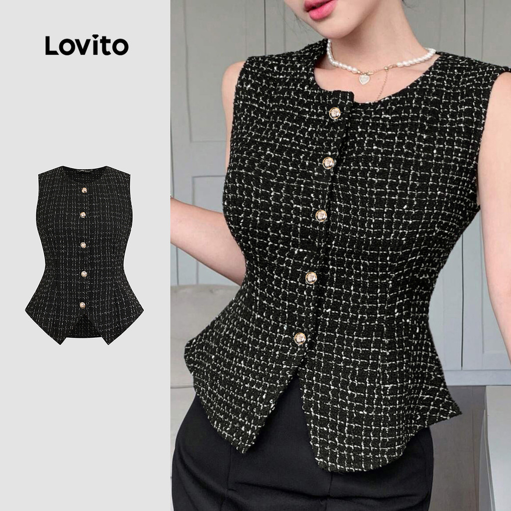 (New) Lovito เสื้อกล้ามแขนกุดดีไซน์หรูสำหรับผู้หญิง สีดำ ฤดูใบไม้ผลิ/ฤดูร้อน L150ED199