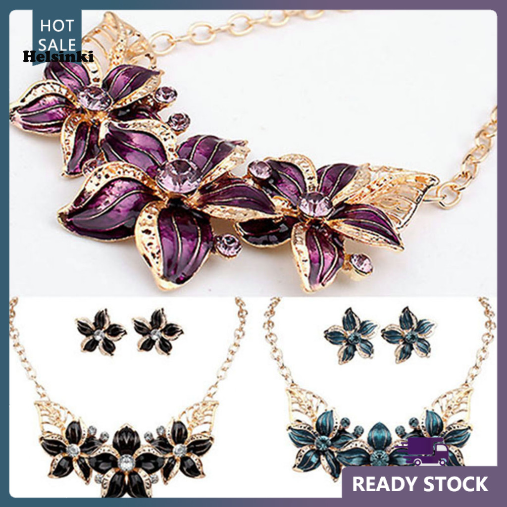 HLS แฟชั่นผู้หญิง ชุดสร้อยคอมีลายดอกไม้และต่างหู ประดับคริสตอล