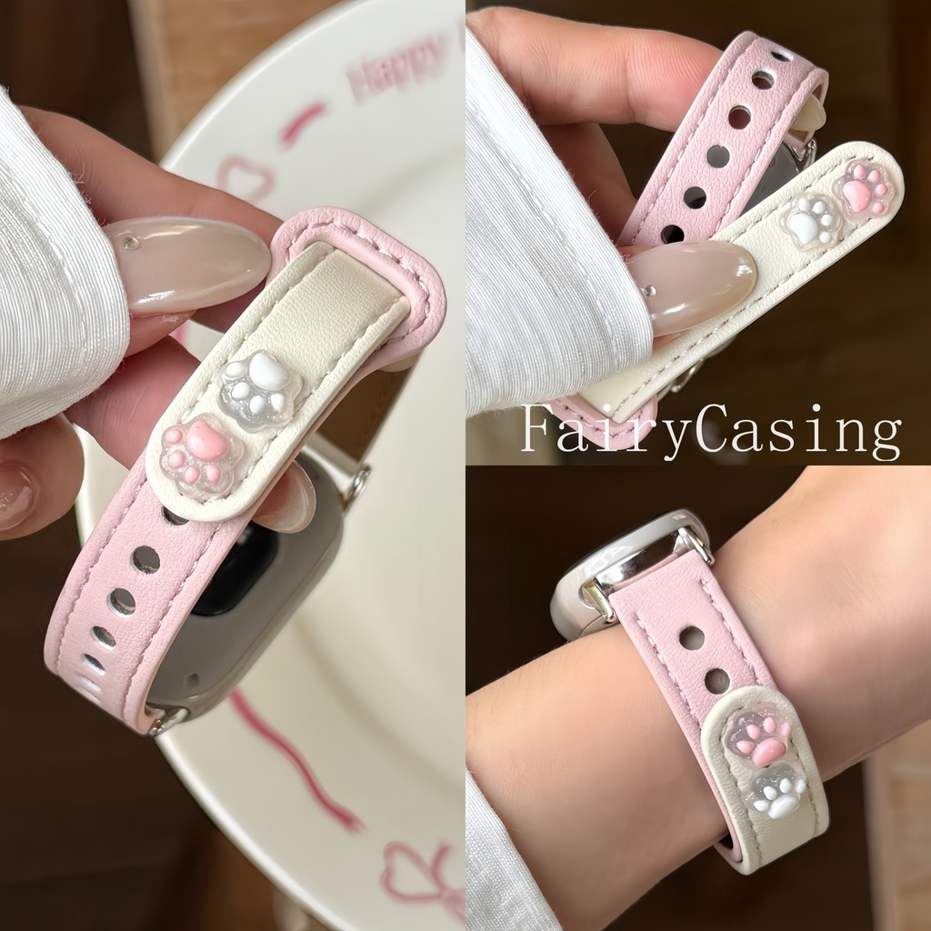 สายหนังสําหรับ Mi Band 10 9 8 7 6 5 4 3 สายรัดข้อมือสร้อยข้อมือสําหรับ Mi Band 9 8 Active อุปกรณ์อุ้งเท้าแมวน่ารัก