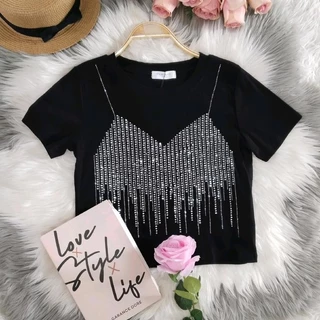 เสื้อยืดแขนสั้นผู้หญิง เพชรบาร์หน้า รีดเพชรแน่นๆ ผู้หญิง