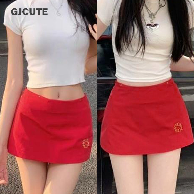 Gjcute แฟชั่นเอวสูงสีแดงสีฟ้าลายสก๊อตหวาน A-Line กระโปรงชุดว่ายน้ําสําหรับผู้หญิง WTD