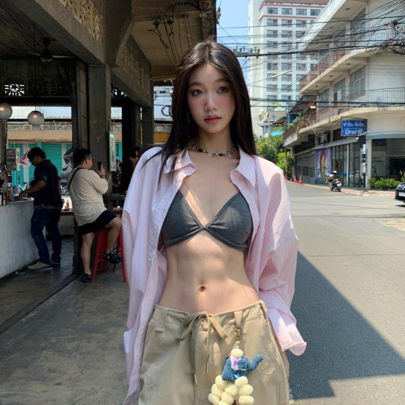 Fortunee "เสื้อเชิ้ตลายทางสีชมพู เสื้อเชิ้ตผู้หญิงแบบหลวมใส่ได้หลายโอกาส, เสื้อเชิ้ตกันแดด