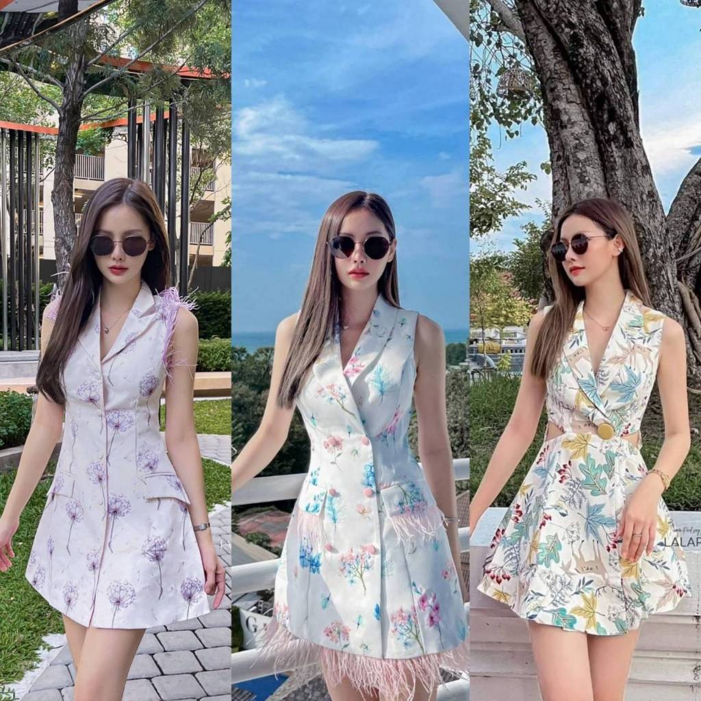 (พร้อมส่ง) Lalapis23 26 32 เดรสทรงสูทลายดอกไม้พรีเมี่ยมด้วยลายดอกไม้และติดขนนก