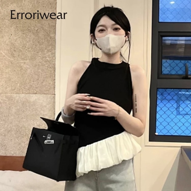 Errokiwear ผู้หญิงเสื้อกล้าม 2024 แฟชั่น Contrast สี Halter Casual Slim Fit แขนกุด False สองชุดด้านบน