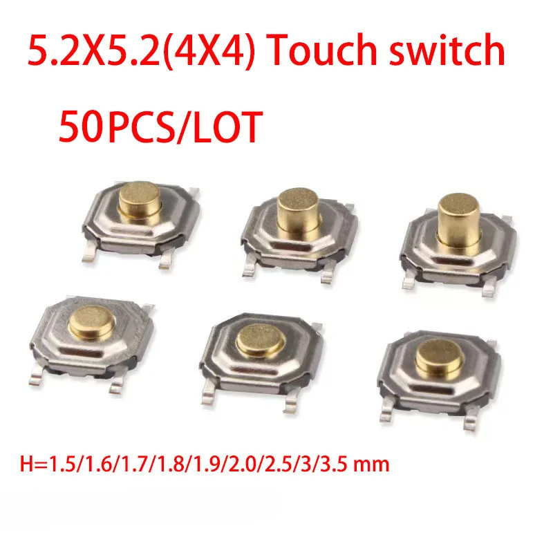 50 ชิ้น 5.2*5.2 สูง 1.5-6.0 สวิทช์สัมผัส 4 เข็มหมุด โลหะ SMD สัมผัส 12 โวลต์ไมโครปุ่มกดสวิทช์ทองแดงขา