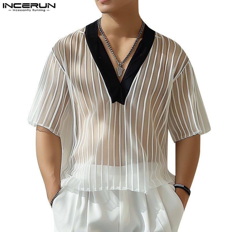 ไม่แน่นอน คอวีลายทางมินิมอลสําหรับผู้ชายซีทรูเสื้อยืดแขนห้าส่วน