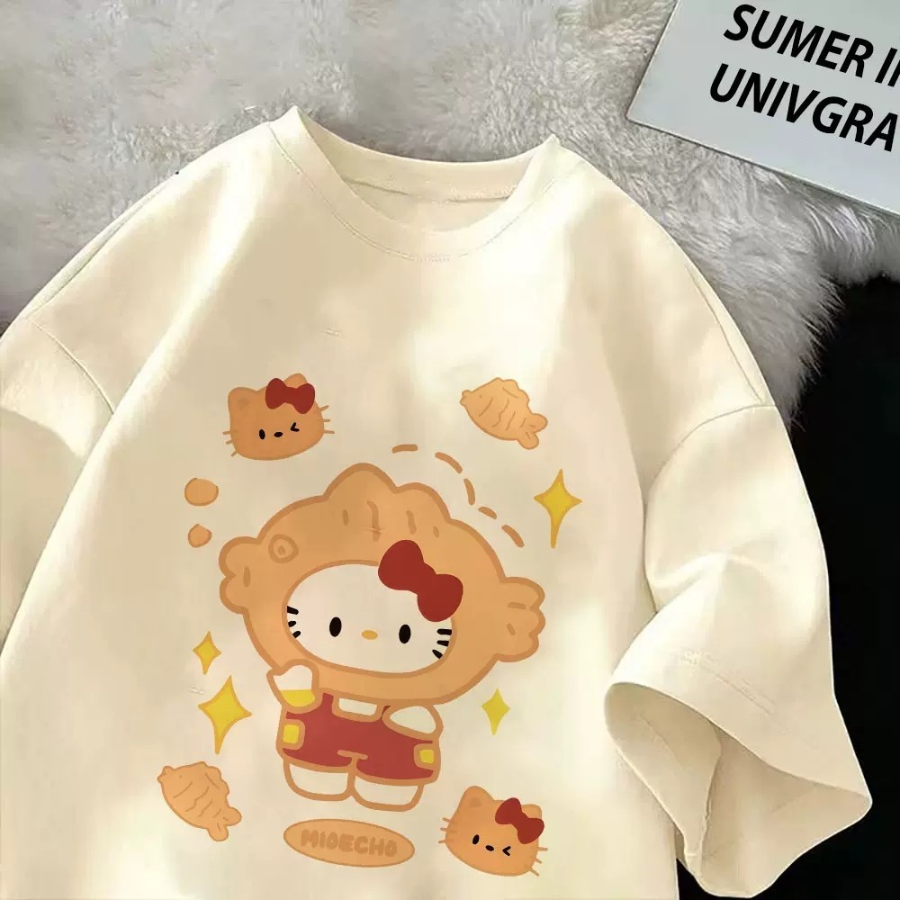 การ์ตูน Hello Kitty แขนสั้นเสื้อยืดผู้หญิงหลวมด้านบนฤดูร้อน Harajuku Tee
