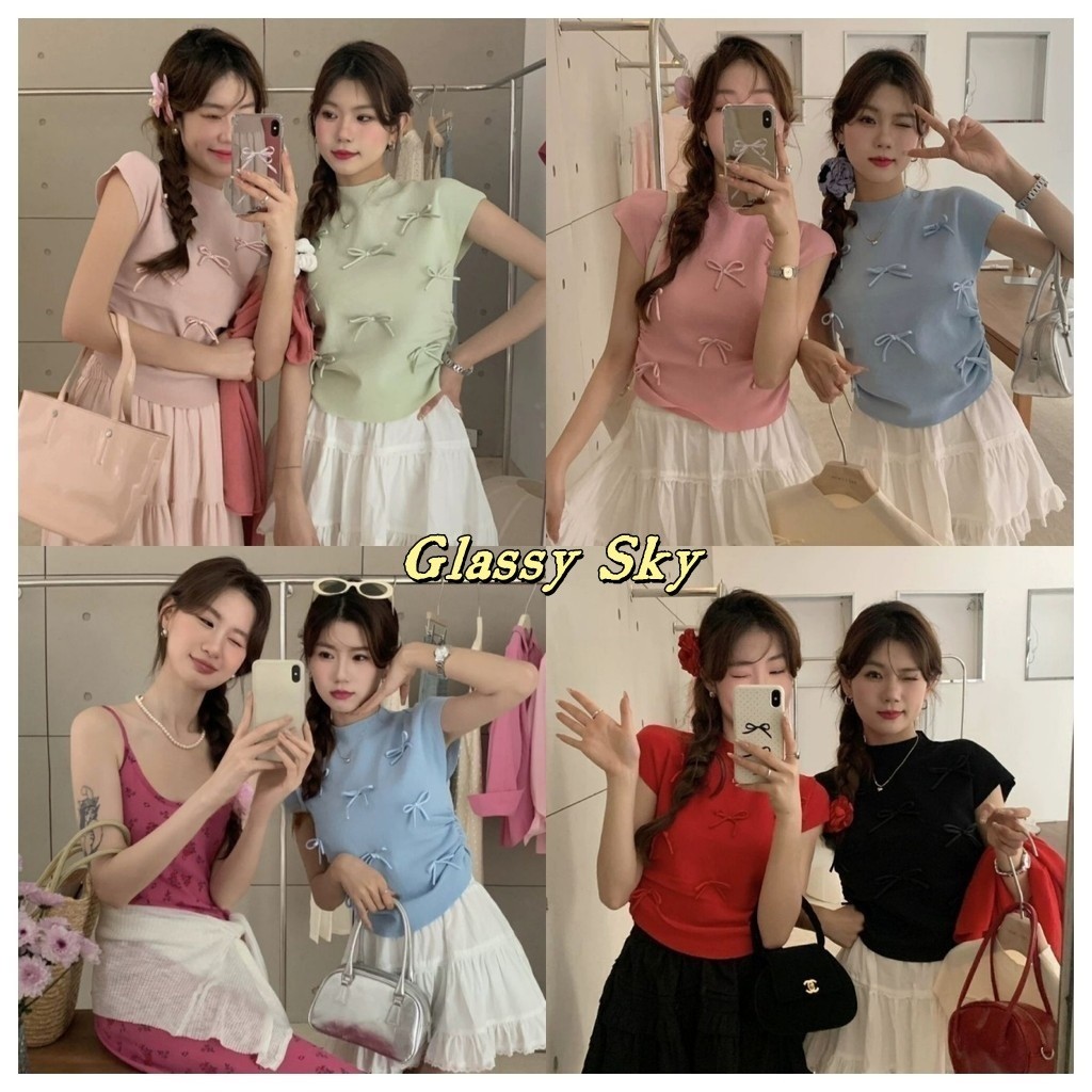 Glassy Sky พร้อมส่ง เสื้อยืดไหมพรม คอกลม 5สี สไตล์เกาหลี เสื้อยืดผู้หญิง ติดโบว์น่ารักมาก เสื้อแฟชั่น(E321)