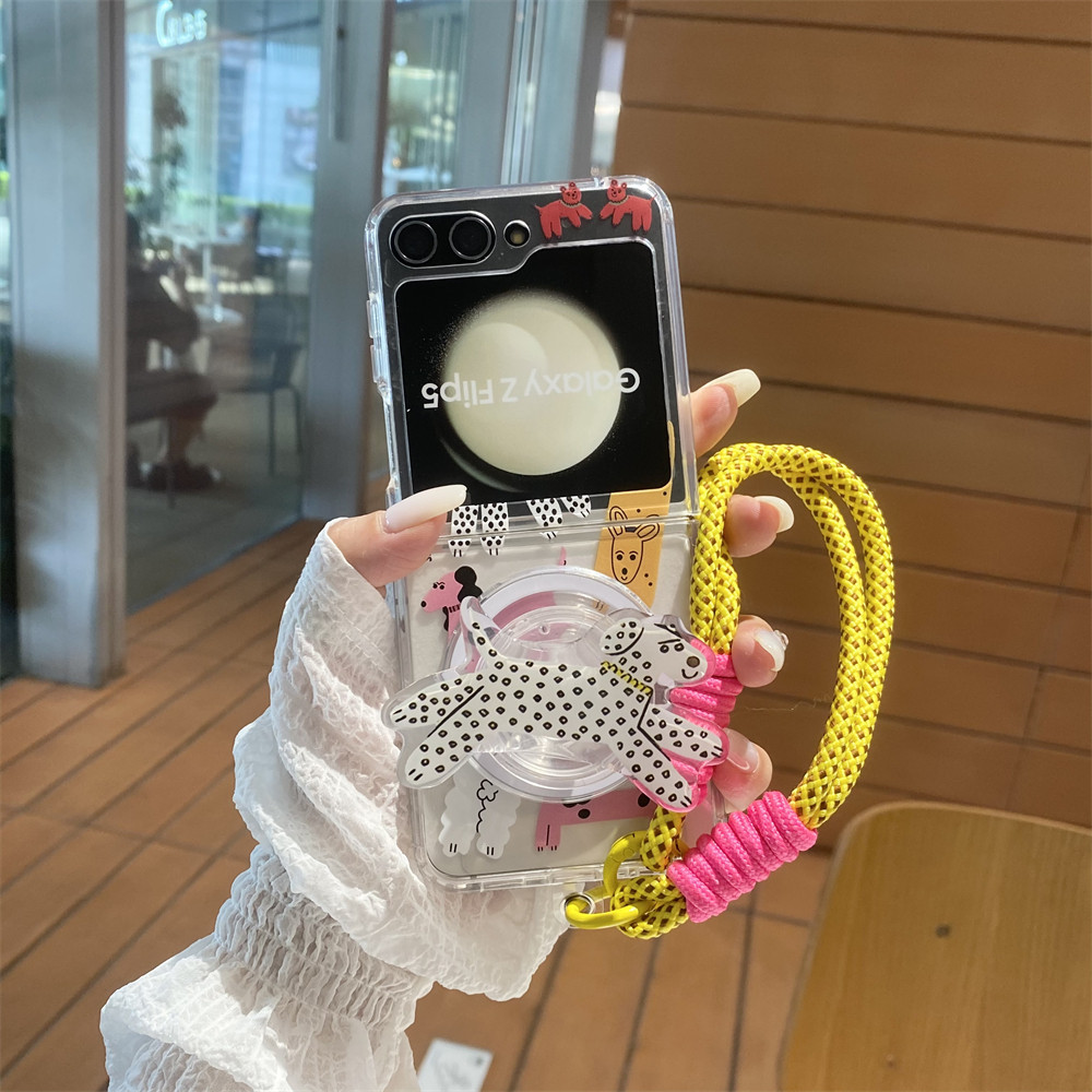 Flip6 Samsung Galaxy Z Flip5 เคสดูดแม่เหล็ก การ์ตูนน่ารัก สุนัขด่างพร้อมโซ่ยึด เคส Samsung Galaxy Z Flip 3 Flip 4 5G กันกระแทกโทรศัพท์ ความคิดสร้างสรรค์กรณีปก
