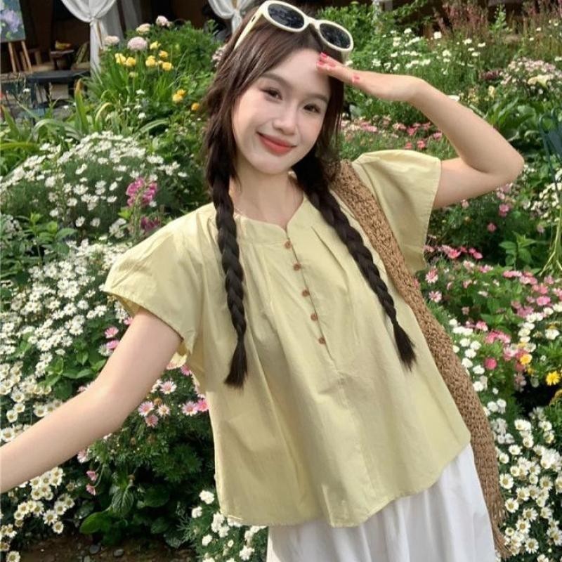 🎀Mona🎀 เสื้อเชิ้ต แขนสั้น สีทึบ สไตล์เรียบง่าย แฟชั่นเวอร์ชั่นเกาหลี จัดส่งที่รวดเร็ว🚀