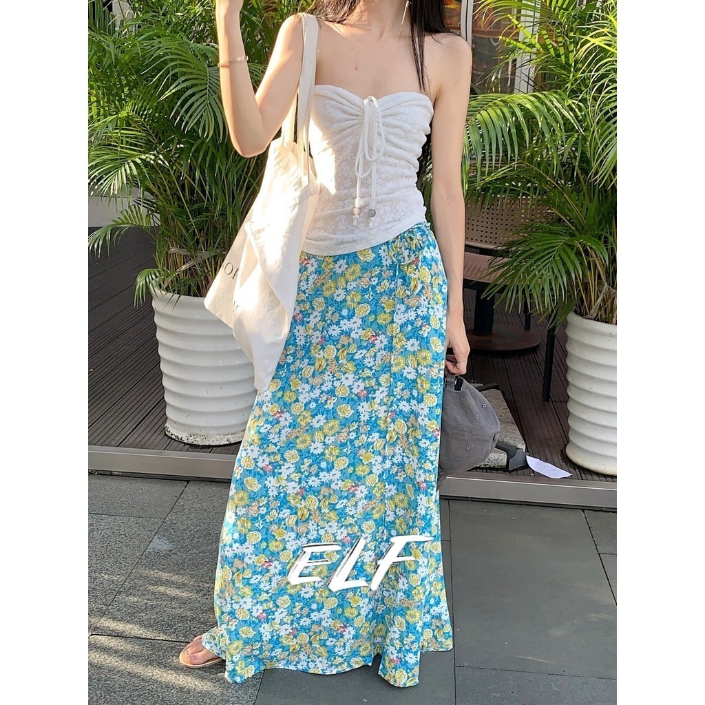 ELFwoo เสื้อกล้ามลูกไม้ลายดอกไม้/กระโปรงลายดอกไม้