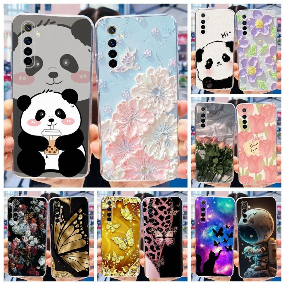 สําหรับrealme 6 RMX2001 / Realme 6 Pro RMX2061 น่ารักPandaดอกไม้ทาสีปลอกRealme6 6Proซิลิโคนอ่อนนุ่มTPUเคสโทรศัพท์
