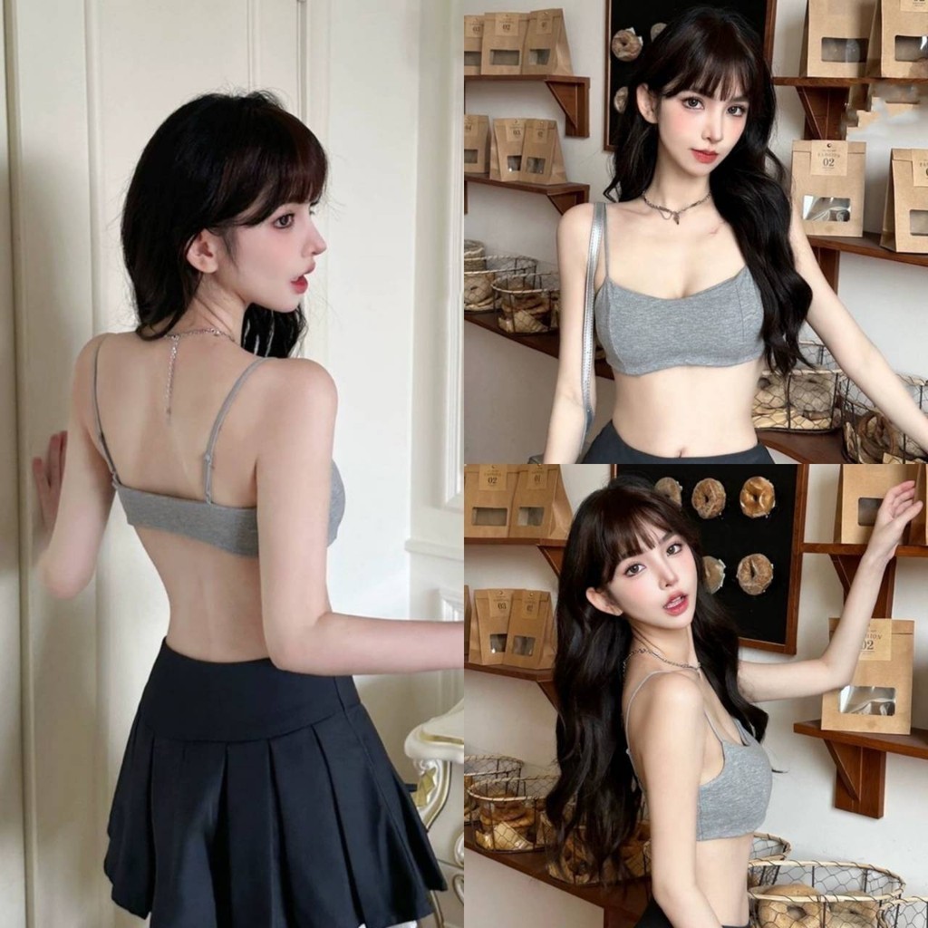 พร้อมส่งจากไทย (FY6155-L) บราสายเดี่ยว มีฟองน้ำ ครอปสั้น ทรงรัดตัว