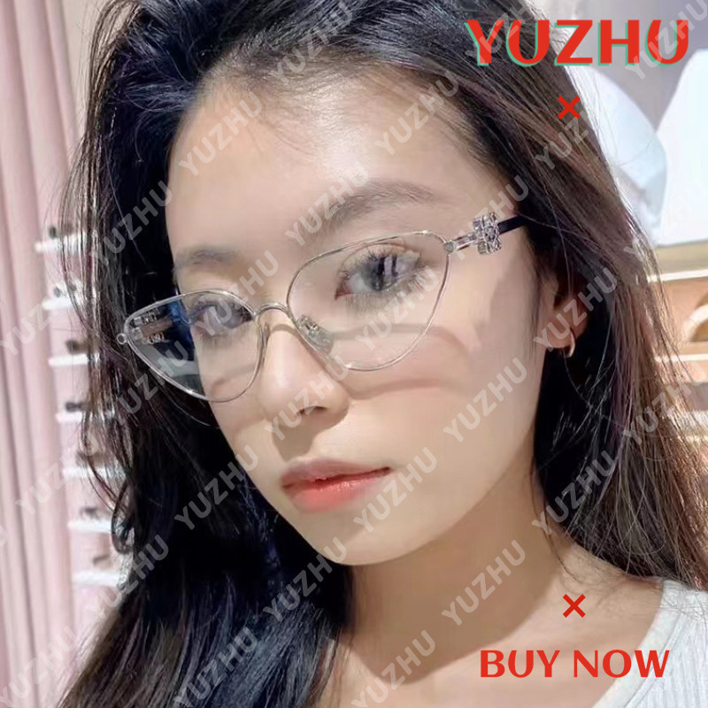 (YUZHU) โลหะ Cat Eye Anti Blue Light แว่นตาสําหรับผู้หญิง Retro สามเหลี่ยมแว่นตาเรียบง่าย