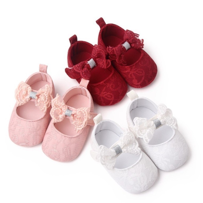 พร้อมส่ง! รองเท้าหัดเดิน ลูกไม้โบว์ใหญ่ รองเท้าเด็ก (มีกันลื่น)